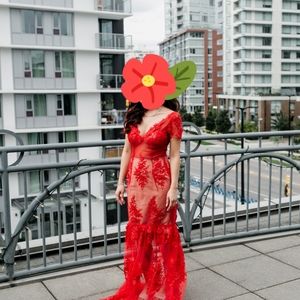 Custom red illusion lace mermaid evening dress gown